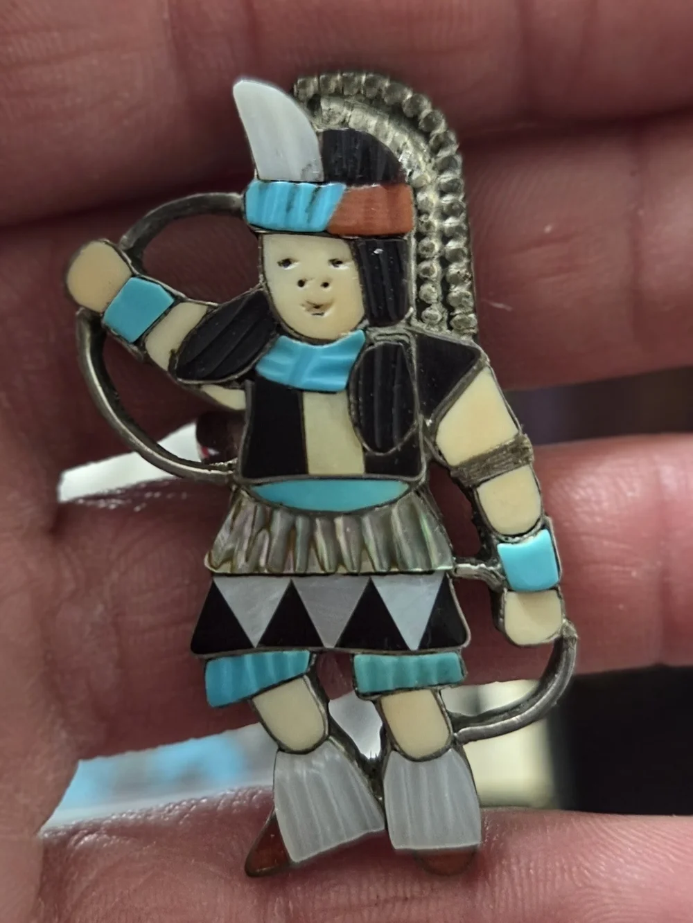 Vintage Zuni Sterling Silver Multi-Stone Inlay Snake Dancer Ring